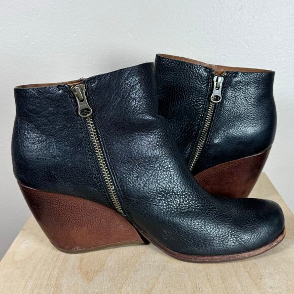 Kork Ease Women’s Black Leather Chandra Wedge Ankle Booties Stacked Heel 9.5M - Picture 3 of 11